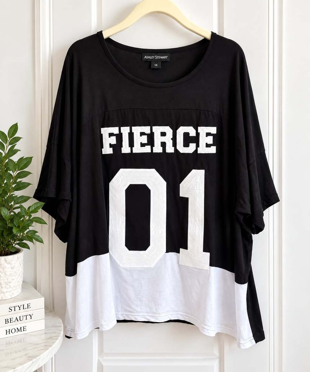 Ashley Stewart Fierce 01 Sequin Jersey Tee Black White Size 18/20 NWT